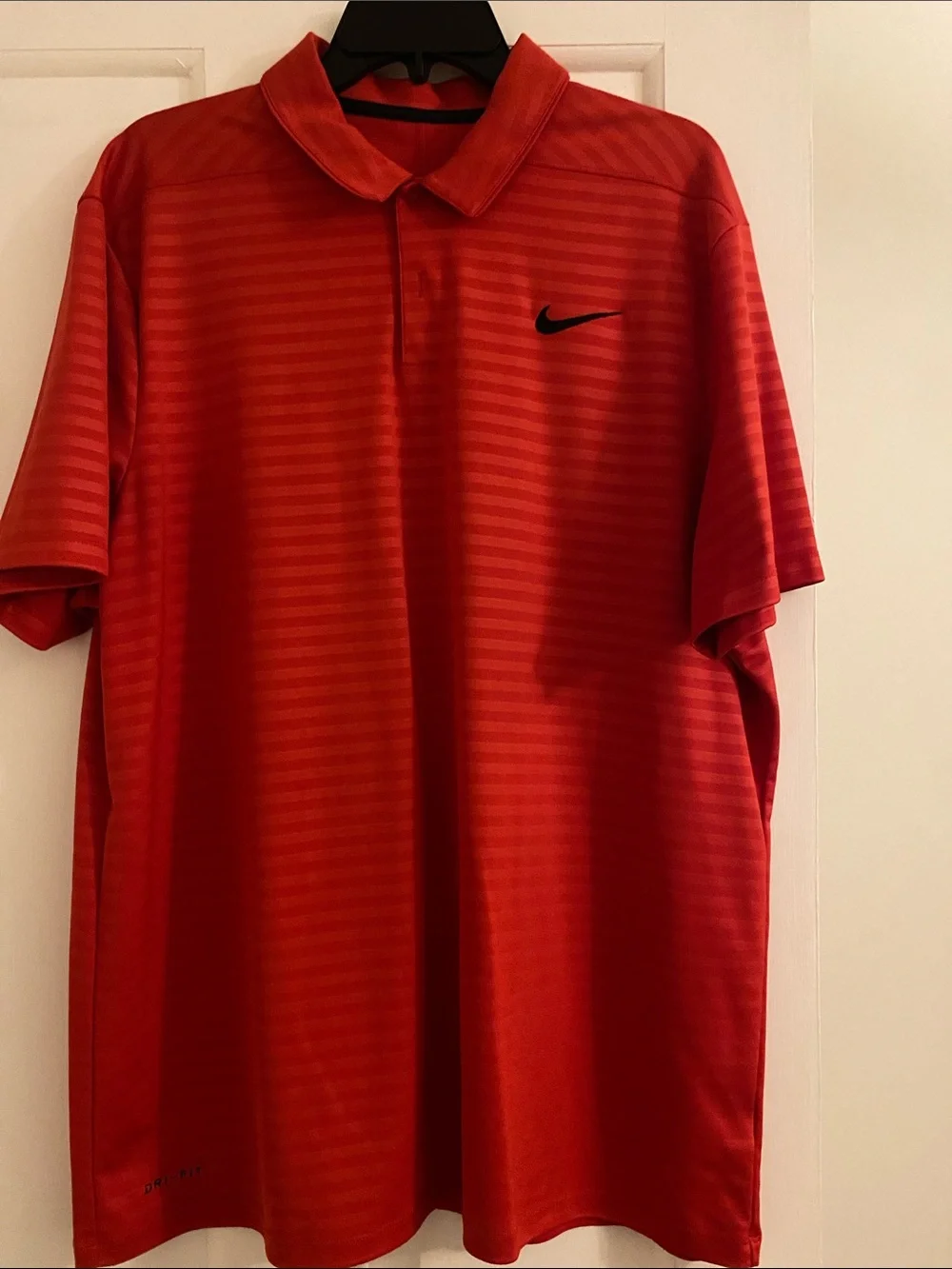Nike Red Men's Striped Dri-FIT Polo with Black Swoosh
